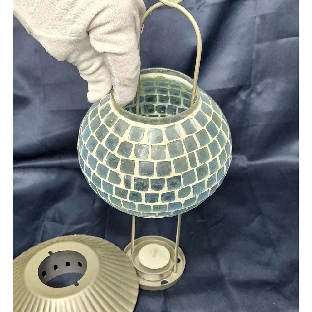 Starbucks Blue Mosaic Glass Lantern Tealight Hang Candle Holder Boho Rare Retire
